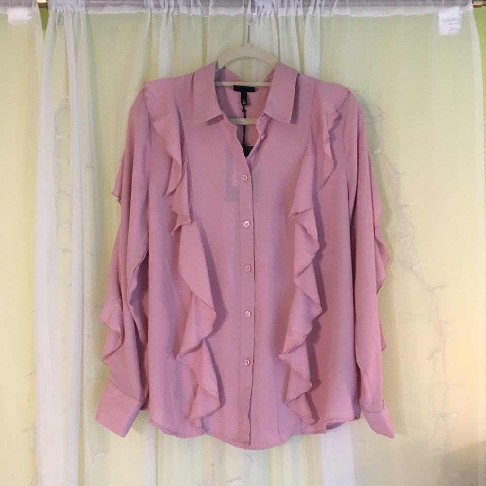 WHO WHAT WEAR RUFFLED TUXEDO BLOUSE